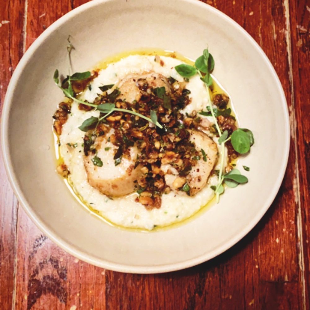 Crush XI - Scallops: duck fat seared sea scallops with gruyere grits and a hazelnut gremolata - New American Near Me - Melbourne, Florida
