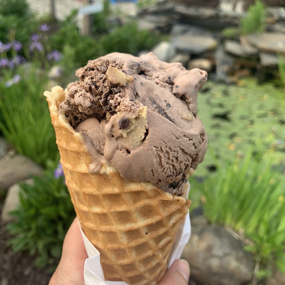Chocolate Oreo cookie with cookie dough, waffle cone- size kiddie Chocolate Oreo cookie with cookie dough, waffle cone- size kiddie