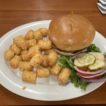 The Grille Restaurant - Mushroom Swiss Burger with Tots - Barbeque Near Me - Tremonton, Utah The Grille Restaurant - Mushroom Swiss Burger with Tots - Barbeque Near Me - Tremonton, Utah