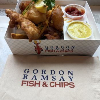 Gordon Ramsay Fish & Chips - Shrimp, chicken, Dirty Chips #3, cocktail and curry sauces - Fish & Chips Near Me - New York, New York Gordon Ramsay Fish & Chips - Shrimp, chicken, Dirty Chips #3, cocktail and curry sauces - Fish & Chips Near Me - New York, New York