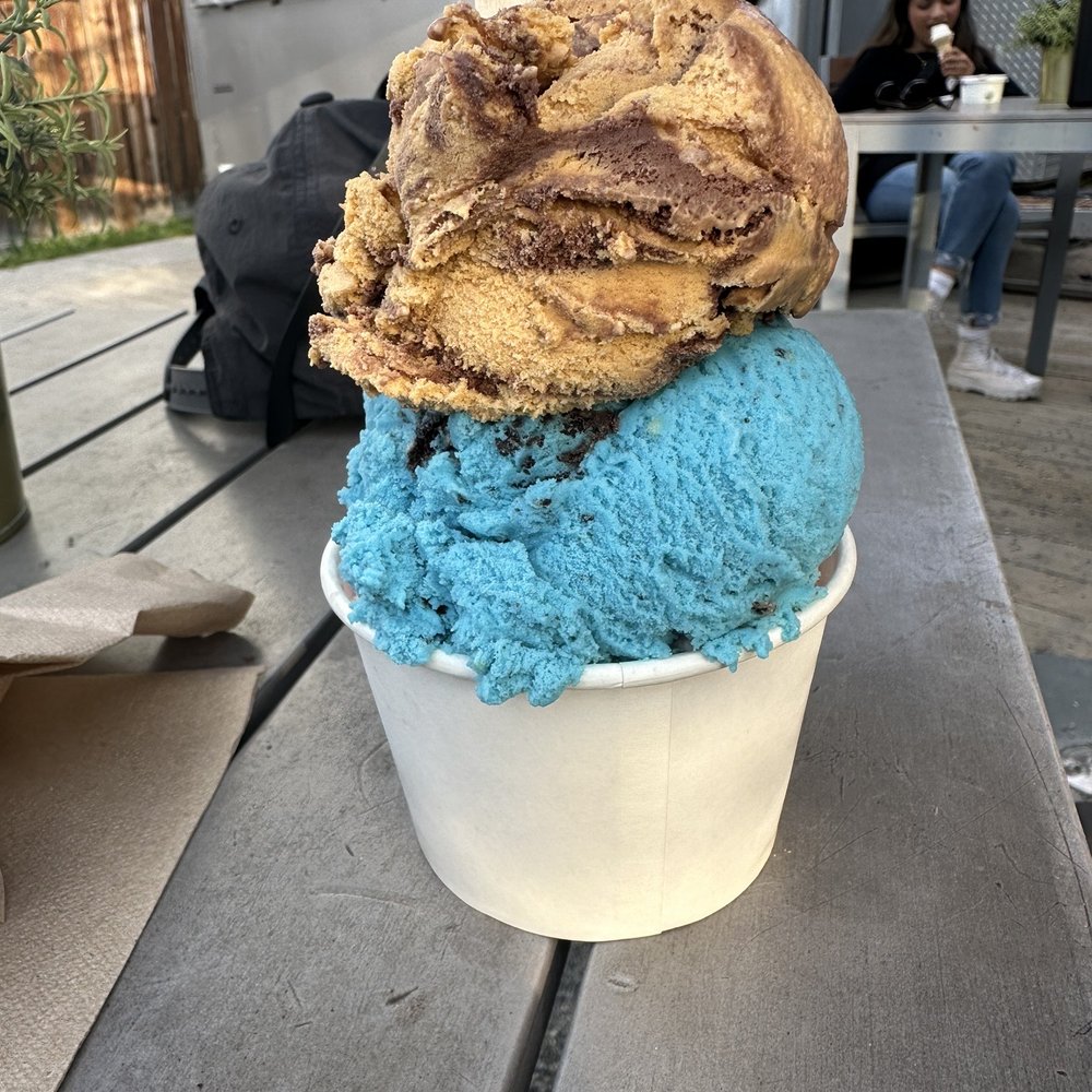 Old School Bus Ice Cream - Triple scoop-  cherry cheesecake, Cookie Monster, and chocolate peanut butter cup - Ice Cream & Frozen Yogurt Near Me - Canmore, Alberta