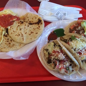 Ercilia's Restaurant - Camarones and chicharrones y queso pupusas on the left, lengua and veggie tacos on the right - Salvadoran Near Me - Washington, DC, District of Columbia