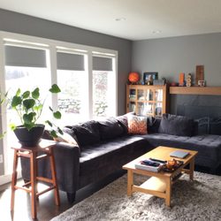 Window Coverings Of Oregon - Designer Screen Shades w/room darkening for T.V viewing in family room in Portland.....a current look to a tasteful remodeled home!