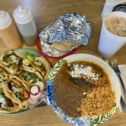 Tacos, Chile Relleno plate and a large Horchata to cool it down. Tacos, Chile Relleno plate and a large Horchata to cool it down.