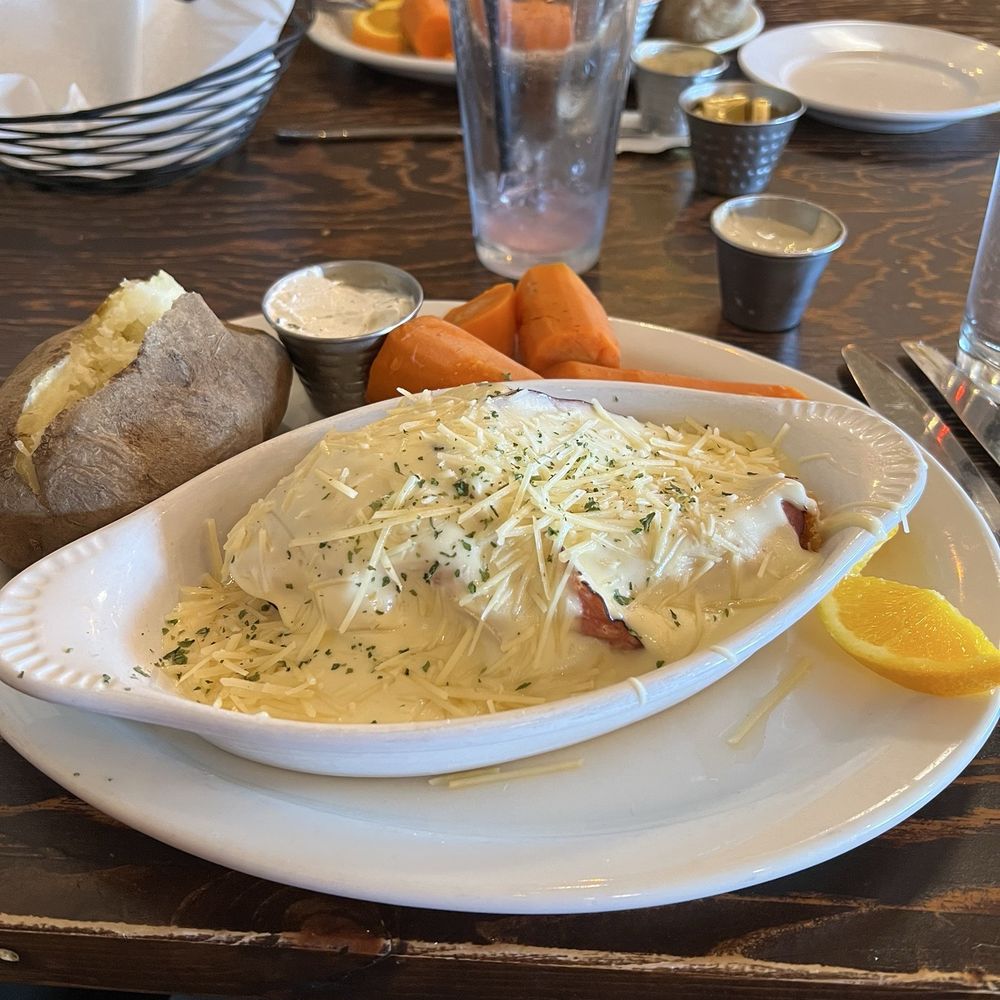 Sagebrush Grill - Chicken cordon bleu (with house-made Alfredo sauce), baked potato (along with house-made sour cream) and real carrots! - Seafood Near Me - Richfield, Utah Sagebrush Grill - Chicken cordon bleu (with house-made Alfredo sauce), baked potato (along with house-made sour cream) and real carrots! - Seafood Near Me - Richfield, Utah