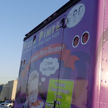 Fremont Street Eats - Pizza Pimps. At the right corner are the names and images of the founders (Phil, Greg, and Roger). - Food Trucks Near Me - Fremont, California