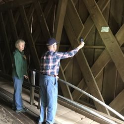 Red Oak Creek Covered Bridge - That's steel plate shows how high the water table was during A massive storm a few years ago