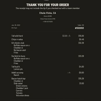 Buffalo Wild Wings - Receipt (in store but online system) - Chicken Wings Near Me - Chula Vista, California Buffalo Wild Wings - Receipt (in store but online system) - Chicken Wings Near Me - Chula Vista, California