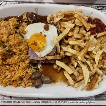 Antonio's Restaurant - Bitoque ... beef topped with egg & ham with fries and rice - Portuguese Near Me - New Bedford, Massachusetts