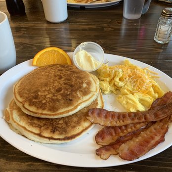 Perks Espresso & Deli - Blueberry pancakes with eggs and crisp bacon. - Delis Near Me - Concrete, Washington