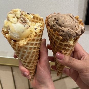 Honeycomb Creamery - Left is bunny tracks on top of salted caramel, right is chocolate strattc on bunny tracks. Both small cones!!! Delicious and amazing! - Desserts Near Me - Cambridge, Massachusetts