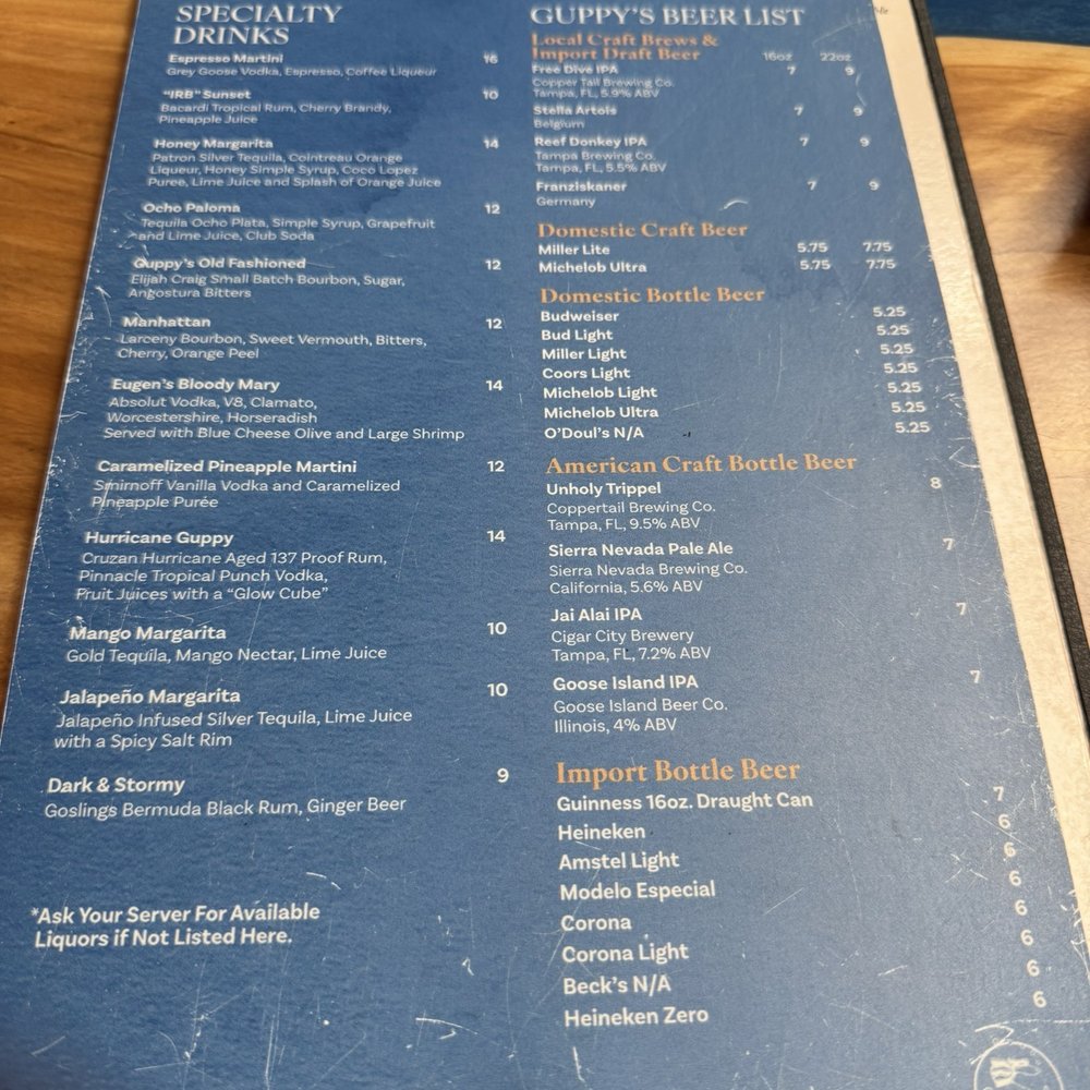 Guppys on the Beach - Drink menu 7.25.25 - Seafood Near Me - Indian Rocks Beach, Florida Guppys on the Beach - Drink menu 7.25.25 - Seafood Near Me - Indian Rocks Beach, Florida