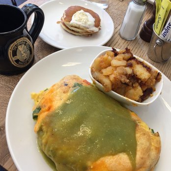 Original Pancake House - The HUGE and fluffy Santa Fe Omelette with a side of silver dollar pancakes! Yum!!! (Side note: Does not come with the home fries.) - Breakfast & Brunch Near Me - Edgewater, New Jersey