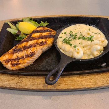 CharBar No 7 - Bourbon glazed Grilled Salmon with a side of Cavatappi Alfredo. Also had the Cranberry Kale slaw which was also superb. - American Near Me - Mountain Brook, Alabama