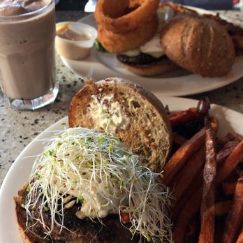 Crazy Burger - Red rage burger (front) with sweet potato fries and the Wassuppy burger (back). Split a milkshake and they kindly put it in two glasses! - Juice Bars & Smoothies Near Me - Narragansett, Rhode Island