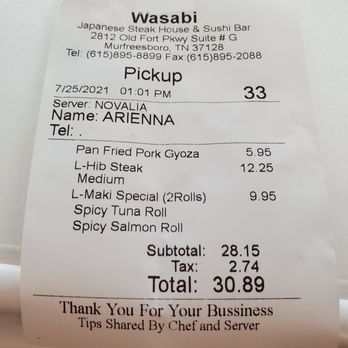 Wasabi Japanese Steak House - Second Tax when I got there. - Japanese Near Me - Murfreesboro, Tennessee