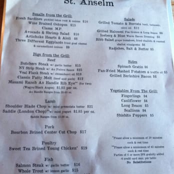 St. Anselm - The menu. - New American Near Me - Brooklyn, New York