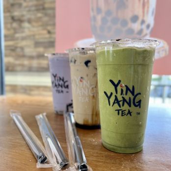 Yin Yang Tea - Blended matcha, brown sugar milk tea, and blended taro - Bubble Tea Near Me - Chino, California