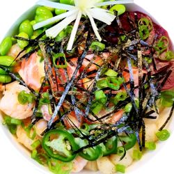 Poke Theory SB - So- Sexsea bowl. All the best of the sea, Salmon, Scallop, and shrimp.