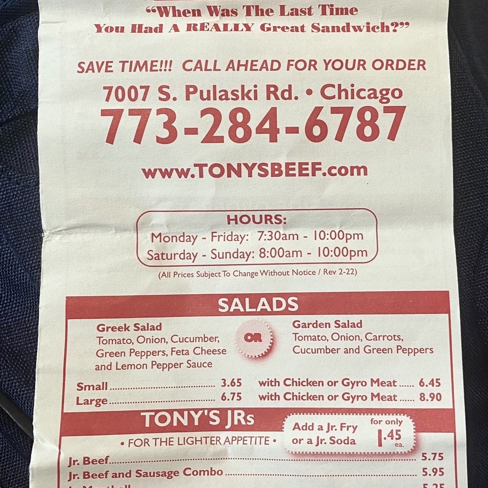 Tony's Italian Beef - 08.2022 take out menu pg. 1 - Italian Near Me - Chicago, Illinois Tony's Italian Beef - 08.2022 take out menu pg. 1 - Italian Near Me - Chicago, Illinois