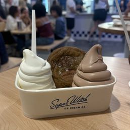 Vanilla and chocolate soft serve with a chocolate chip cookie Vanilla and chocolate soft serve with a chocolate chip cookie
