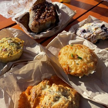 Purebread Whistler - Frittata, pecan sticky bun, cheddar chive sour cream scone, chilli corn bread muffin, blueberry basil scone - Bakeries Near Me - Whistler, British Columbia