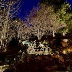 Peak Outdoor Lighting - Early spring back yard with waterfall