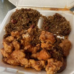 Lucky Panda Chinese Restaurant - Stringy hard overcooked pieces of chicken smothered in batter and sauce. Horrible!