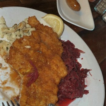 Restaurant Edelweiss - Barvarian Schnitzel "Tengernsee" w red cabbage and Spatzle and a little gravy! - German Near Me - Bradenton, Florida Restaurant Edelweiss - Barvarian Schnitzel "Tengernsee" w red cabbage and Spatzle and a little gravy! - German Near Me - Bradenton, Florida