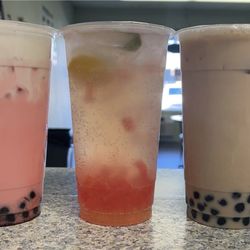 Harvest Fruit and Boba Tea - Strawberry milk tea with boba and vanilla cold foam, virgin mojito with strawberry jelly and brown sugar milk tea with boba