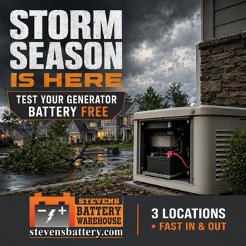 Stevens Battery Warehouse - Don't wait until the next storm to find out your generator battery isn't ready. Stop by Stevens Battery for FREE battery testing - Battery Stores Near Me - Annapolis, Maryland Stevens Battery Warehouse - Don't wait until the next storm to find out your generator battery isn't ready. Stop by Stevens Battery for FREE battery testing - Battery Stores Near Me - Annapolis, Maryland