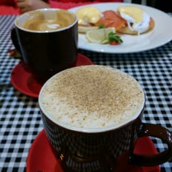 Café 63 West End - Chai Latte, flat white, benedict eggs with smoked salmon