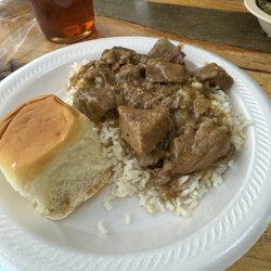 Smoke House Grill - Beef tips and rice also had green beans and Mac and cheese and fried okra.