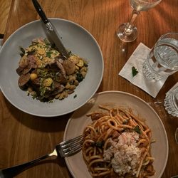 Pork tenderloin (left) and Spicy Crab Pasta (right)