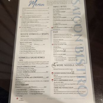 Saigon Bistro Sterling - The menu includes sections for small bites such as salt and pepper calamari, shrimp, and chicken salad, as well as traditional Vietnamese noodle soups like Pho, Bone In Short Ribs, Chicken Pho, and Crabcake Noodle Soup. It also offers vermicelli salad bowls with options for build-your-own, featuring proteins like pork, shrimp, and beef, and classic vermicelli bowls with grilled pork, shrimp cake, and lemongrass. The menu provides detailed descriptions and pricing for each item, including vegetarian and customizable options. - Vietnamese Near Me - Sterling, Virginia