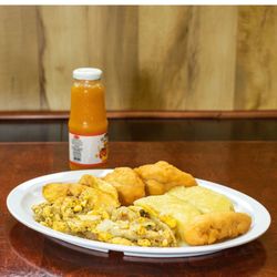 Pan-Cart - Salt Fish and Ackee , Yams, Dumpling , Fried Plantains.