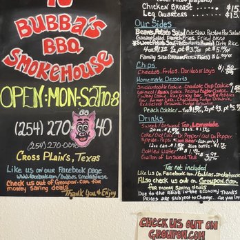 Bubba's Smokehouse BBQ - Menu with updated prices. - Barbeque Near Me - Cross Plains, Texas