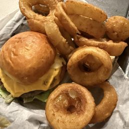Henderson's burger and onion rings Henderson's burger and onion rings
