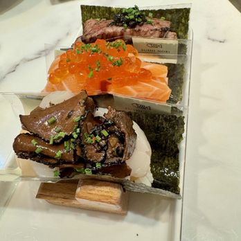Sushi Nori - (Top down) A5 wagyu caviar, salmon ikura, scallop truffle - Sushi Bars Near Me - Seattle, Washington Sushi Nori - (Top down) A5 wagyu caviar, salmon ikura, scallop truffle - Sushi Bars Near Me - Seattle, Washington
