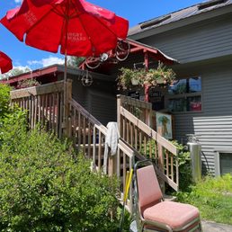 red umbrellas and chairs