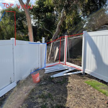 Brikho Construction - An edited picture, showing my intended fence layout (red) with the neighbors (blue) - General Contractors Near Me