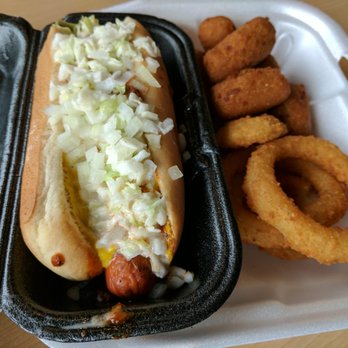 Cook Out - Cook Out style hot dog with hush puppies and onion rings. - Burgers Near Me - Marietta, Georgia