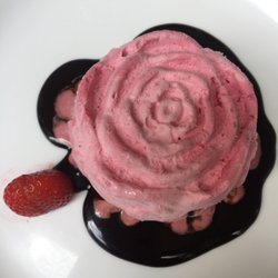 Alessa Gelato & Caffe - Raspberry ice cream rose on cake with chocolate sauce