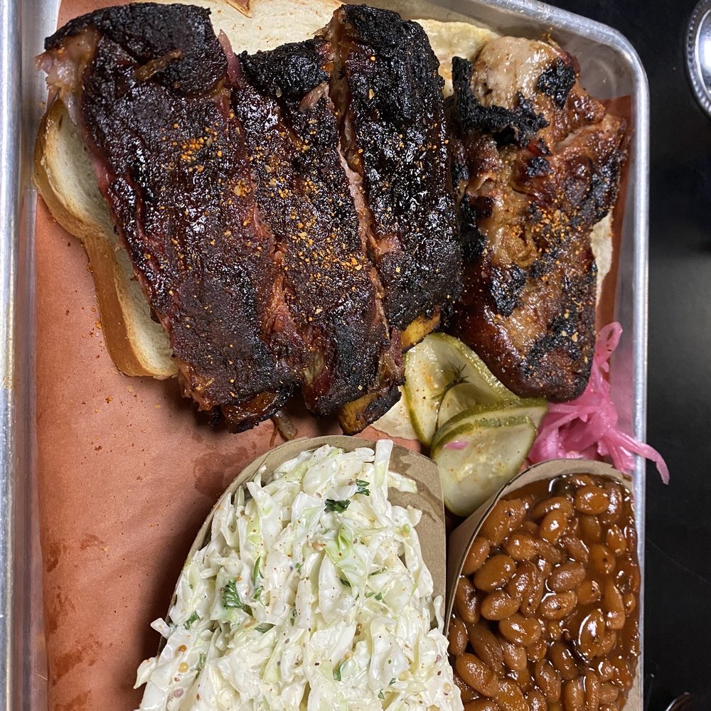 BEAST Craft BBQ - Overcooked ribs and fatty pork steak with a side of undercooked beans - Barbeque Near Me - Belleville, Illinois