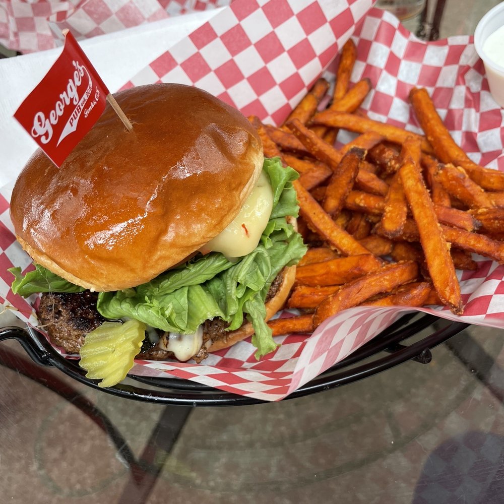Georges Pub - George's Black Angus Burger with sweet potato fries - Pubs Near Me - Jenks, Oklahoma