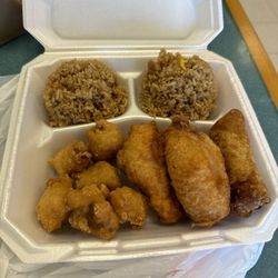 Golden China - Sweet and sour pork and fried chicken with fried rice and egg roll