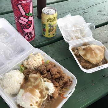 Mark's Place - Two item plate with loco moco and Korean chicken. The small one is a loco moco mini. - Hawaiian Near Me - Lihue, Hawaii Mark's Place - Two item plate with loco moco and Korean chicken. The small one is a loco moco mini. - Hawaiian Near Me - Lihue, Hawaii