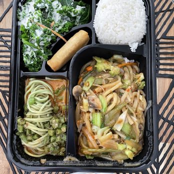 Trendy Vegan - Bento Box with Veggie Lo Mein as the main -- comes with Dan Dan Noodles, a Spring Roll, Rice and a Salad - Vegan Near Me - Houston, Texas Trendy Vegan - Bento Box with Veggie Lo Mein as the main -- comes with Dan Dan Noodles, a Spring Roll, Rice and a Salad - Vegan Near Me - Houston, Texas