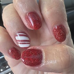 LUXE Salon - Red sparkly nails with candy, cane, accent nail
