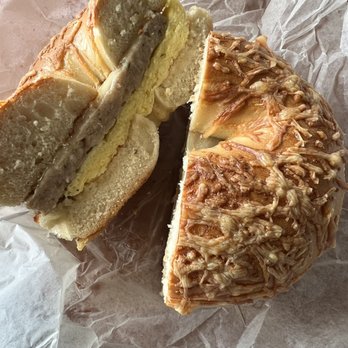The Bagel - Asiago bagel sandwich with sausage egg and cheese - Bagels Near Me - Stowe, Vermont